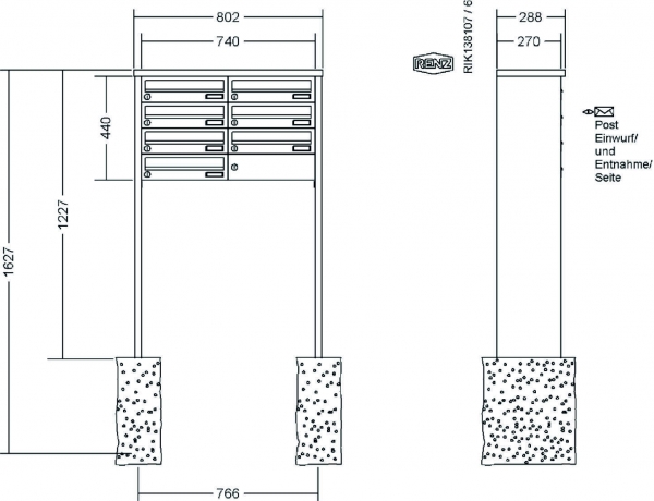 RENZ Briefkastenanlage freistehend, Tetro, Kastenformat 370x110x270mm, 7-teilig, zum Einbetonieren